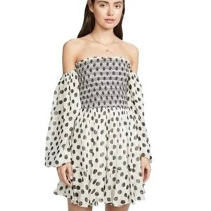 Rococo Sand Metallic Bardot Polka Dot Off-Shoulder Dress White Black Gold